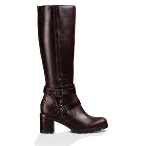 UGG Lana Brown Leather & Shearling Biker Boot, knee high, zipper & buckle size 7
